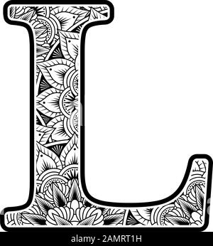 lettera maiuscola l con ornamenti di fiori astratti in bianco e nero. design ispirato allo stile d'arte mandala per la colorazione. Isolato su sfondo bianco Illustrazione Vettoriale