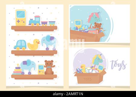 scaffali in legno e scatole cartoni animati bambini giocattoli vettore illustrazione Illustrazione Vettoriale