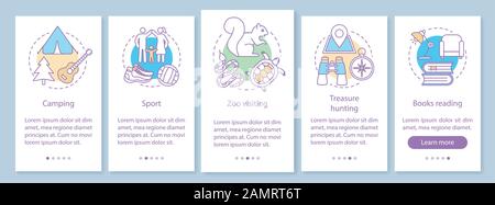 Il tempo della famiglia insieme alla schermata della pagina delle app mobili con concetti lineari. Sport e campeggio. Visita allo zoo. Cinque istruzioni grafiche per la procedura dettagliata Illustrazione Vettoriale