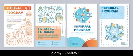 Layout del modello della brochure del programma di referral marketing. Attrazione per i clienti. Volantino, opuscolo, opuscolo stampa con illustrazioni lineari. Pagina vettore Illustrazione Vettoriale