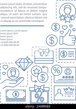 Modello vettoriale della pagina dell'articolo del programma di referral marketing. Programma fedeltà. Fidelizzazione dei clienti. Brochure, rivista, elemento di progettazione opuscoli con i lineare Illustrazione Vettoriale