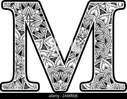lettera maiuscola m con ornamenti di fiori astratti in bianco e nero. design ispirato allo stile d'arte mandala per la colorazione. Isolato su sfondo bianco Illustrazione Vettoriale