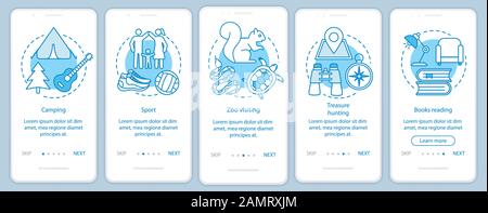 Il tempo della famiglia insieme alla schermata della pagina delle app mobili con concetti lineari. Sport e campeggio. Cinque istruzioni grafiche per la procedura dettagliata. Visita allo zoo Illustrazione Vettoriale