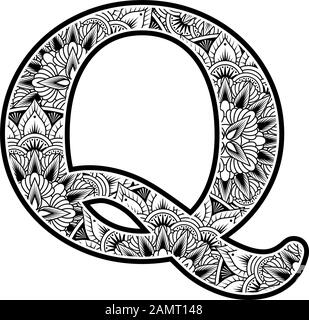 lettera maiuscola q con ornamenti di fiori astratti in bianco e nero. design ispirato allo stile d'arte mandala per la colorazione. Isolato su sfondo bianco Illustrazione Vettoriale