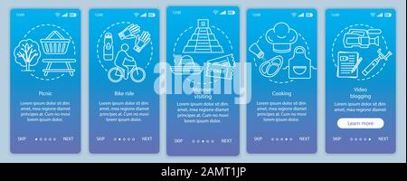Attività familiari con i bambini che si imbarcano su un modello vettoriale della pagina dell'app mobile. Giro in bicicletta. Visita al museo. Passaggi del sito Web di walkthrough con linear illus Illustrazione Vettoriale