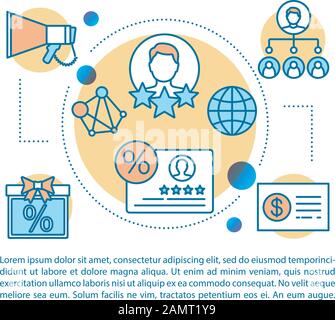 Modello vettoriale della pagina dell'articolo del programma di referral marketing. Programma fedeltà. Brochure, rivista, elemento di progettazione opuscoli con icone lineari e caselle di testo. Illustrazione Vettoriale