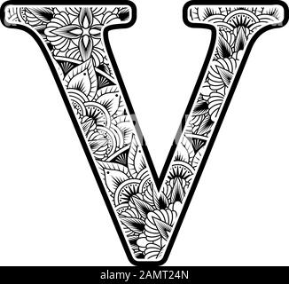 lettera maiuscola v con ornamenti di fiori astratti in bianco e nero. design ispirato allo stile d'arte mandala per la colorazione. Isolato su sfondo bianco Illustrazione Vettoriale