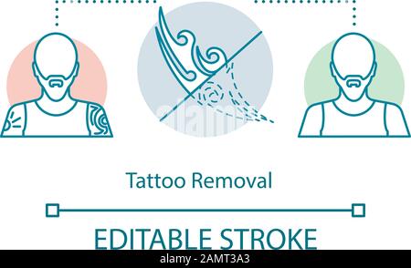 Icona del concetto di rimozione del tatuaggio. Procedura di rimozione, illustrazione a linea sottile. Cosmetologia. Laser. Chirurgia plastica. Tatuaggi Indesiderati. Vettore isolato fuori Illustrazione Vettoriale