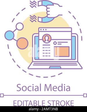 Icona del concetto di social media. Persone che collegano e condividono i post, l'idea di gradimento sottile linea illustrazione. Social network, comunicazione. SMM, cliente tra Illustrazione Vettoriale