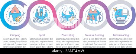 Modello infografico vettoriale per il tempo di famiglia. Elemento di progettazione della presentazione aziendale. Sport. Visualizzazione dei dati con cinque fasi e opzioni. Processo Illustrazione Vettoriale