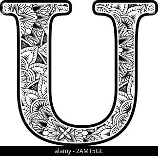 lettera maiuscola u con ornamenti di fiori astratti in bianco e nero. design ispirato allo stile d'arte mandala per la colorazione. Isolato su sfondo bianco Illustrazione Vettoriale