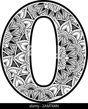 numero 0 con ornamenti di fiori astratti in bianco e nero. design ispirato dallo stile d'arte mandala per la colorazione. Isolato su sfondo bianco Illustrazione Vettoriale