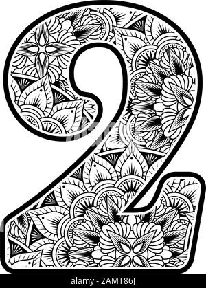 numero 2 con ornamenti di fiori astratti in bianco e nero. design ispirato allo stile d'arte mandala per la colorazione. Isolato su sfondo bianco Illustrazione Vettoriale