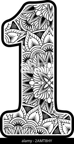 numero 1 con ornamenti di fiori astratti in bianco e nero. design ispirato allo stile d'arte mandala per la colorazione. Isolato su sfondo bianco Illustrazione Vettoriale