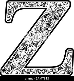 initial z con ornamenti di fiori astratti in bianco e nero. design ispirato dallo stile d'arte mandala per la colorazione. Isolato su sfondo bianco Illustrazione Vettoriale