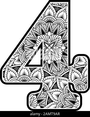 numero 4 con ornamenti di fiori astratti in bianco e nero. design ispirato allo stile d'arte mandala per la colorazione. Isolato su sfondo bianco Illustrazione Vettoriale