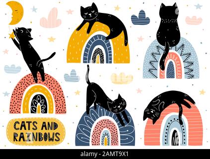 Collezione di gatti e arcobaleni. Elementi isolati fantasy con personaggi carini Illustrazione Vettoriale
