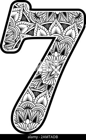 numero 7 con ornamenti di fiori astratti in bianco e nero. design ispirato allo stile d'arte mandala per la colorazione. Isolato su sfondo bianco Illustrazione Vettoriale