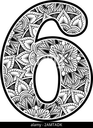 numero 6 con ornamenti di fiori astratti in bianco e nero. design ispirato allo stile d'arte mandala per la colorazione. Isolato su sfondo bianco Illustrazione Vettoriale