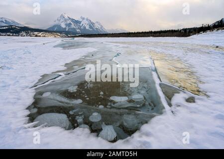 Bolle di metano intrappolate congelate nell'acqua sotto lo spesso ghiaccio incrinato e piegato sul lago Abraham Foto Stock
