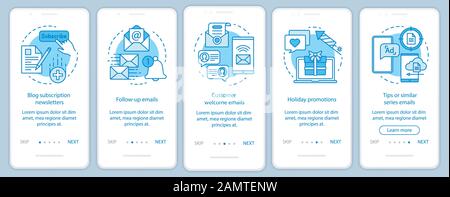 E-mail marketing blu onboarding pagina app mobile modello vettore schermo. Abbonamento al blog, promozioni passaggi del sito Web con illustrazioni lineari Illustrazione Vettoriale