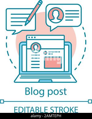 Icona del concetto di post sul blog. Illustrazione della linea sottile dell'idea di ottimizzazione del contenuto. Blogging, SMM. Copywriting, testi pubblicitari scrivere. Outli isolati da vettori Illustrazione Vettoriale