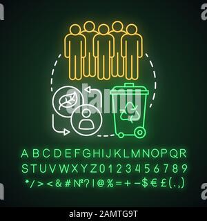 Stile di vita senza sprechi e società vivente ecocompatibile icona del concetto di luce al neon. Questioni ambientali e idea di comunicazione. Segno incandescente con alfabeto, Illustrazione Vettoriale