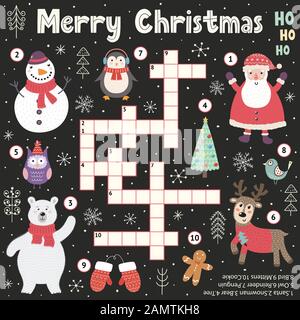 Gioco di cruciverba di Natale per bambini. Vacanze attività didattica parola di ricerca Illustrazione Vettoriale