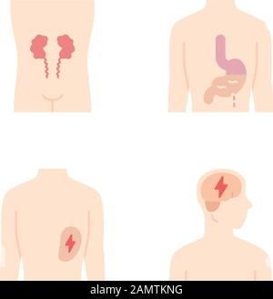 Ill umano organi piatto disegno lungo ombra colore icone set. Reni e milza doloranti. Mal di stomaco. Cervello non sano. Componenti interni del corpo malati. Vettore s Illustrazione Vettoriale