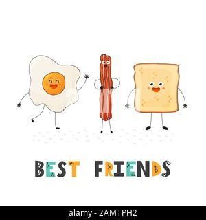 I migliori amici hanno un'ottima carta con deliziosi personaggi del cibo: Uova, pancetta e toast Illustrazione Vettoriale