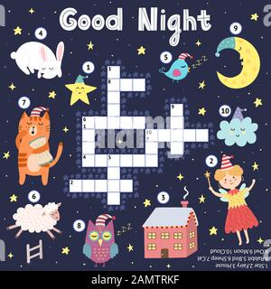 Buon gioco di cruciverba di notte per i bambini. Sogni dolci trovare parola puzzle Illustrazione Vettoriale