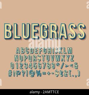 Bluegrass vintage 3d caratteri vettoriali. Carattere retrò grassetto, carattere tipografico. Pop art testo stilizzato. Lettere, numeri, simboli, pacchetti di elementi in stile vecchia scuola. 90 Illustrazione Vettoriale