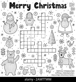 Buon Natale cruciverba gioco per bambini. Pagina di attività didattica in bianco e nero per la colorazione Illustrazione Vettoriale