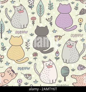 Divertente fumetto gatti senza cuciture modello. Sfondo infantile Illustrazione Vettoriale