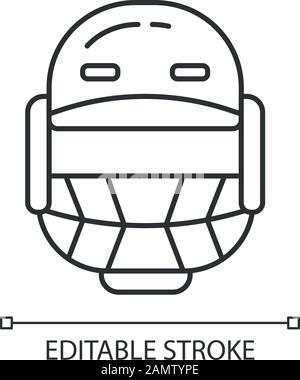 Icona lineare casco da cricket. Protezione della testa per battitore e anziani. Uniforme di gricketer. Dispositivo di protezione. Illustrazione a linee sottili. Simbolo del contorno. Vect Illustrazione Vettoriale