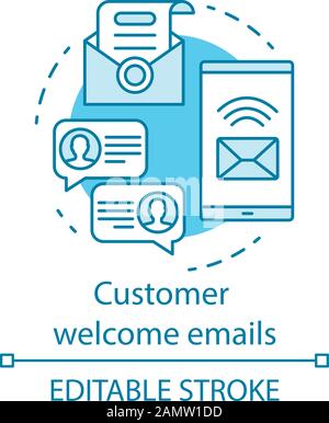 Icona blu del concetto di e-mail di benvenuto del cliente. Illustrazione della linea sottile dell'idea del messaggio di saluto. E-mail marketing. Nuovo abbonato. Comunicazione. Isolamento del vettore Illustrazione Vettoriale