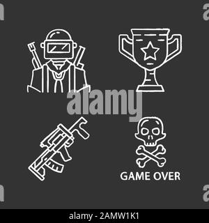 Gioco online inventario gesso icone set. ESport, cybersport. Battaglia reale. Computer, apparecchiature per videogiochi. Soldato, tazza vincente, arma, game over. I Illustrazione Vettoriale