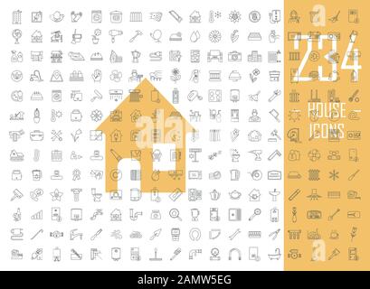 House icone lineari grande set. Simboli di contorno a linea sottile. Servizio di pulizia, lavori domestici. Immobili, immobili. Elettrodomestici e mobili. Isolato Illustrazione Vettoriale