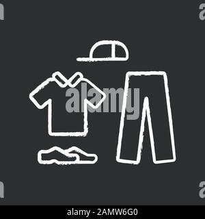 Icona gessetto uniforme da cricket. Flanella sportivi. Abbigliamento Sportivo. Camicia a colletto, pantaloni lunghi, cappuccio, scarpe. Uomo vestito. Vestiti di squadra. Attività all'aperto. Isolare Illustrazione Vettoriale