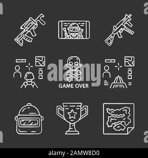 Gioco online inventario gesso icone set. ESport, cybersport. Arma, pistola, 3d e da sparatutto in prima persona, game over, mappa, trofeo, casco, gam mobile Illustrazione Vettoriale