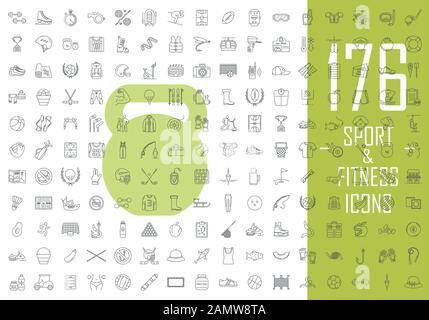 Sport e fitness lineare icone grande set. Stile di vita sano. Palestra, allenamento, esercizi. Attività all'aperto. Simboli di contorno a linea sottile. Isolato v Illustrazione Vettoriale