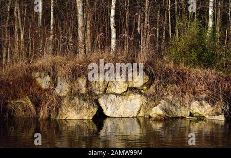 Terrapieno di caduta su un fiume con pietre e luoghi da nascondere per gli animali in natura Foto Stock