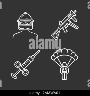 Gioco online inventario gesso icone set. ESport, cybersport. Apparecchiature di gioco per computer. Casco di sicurezza, arma, pistola, paracadute, siringa di adrenalina. Isola Illustrazione Vettoriale
