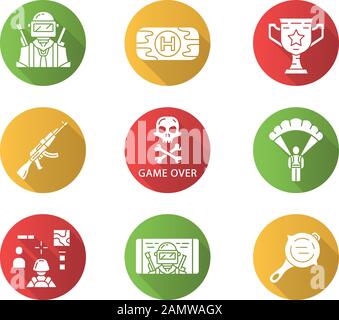Gioco online inventario piatto disegno lungo ombra glyph icone set. Giocatore, kit di pronto soccorso, coppa trofeo. Arma, game over, paracadute, piatto da cucina, sparatutto, Illustrazione Vettoriale