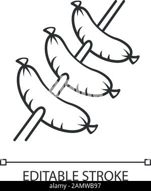 Salsicce grigliate su spiedino icona lineare. Macelleria, carne. Nutrizione non sana, fast food. Cucina di carne. Illustrazione a linee sottili. Simbolo del contorno. Vec Illustrazione Vettoriale