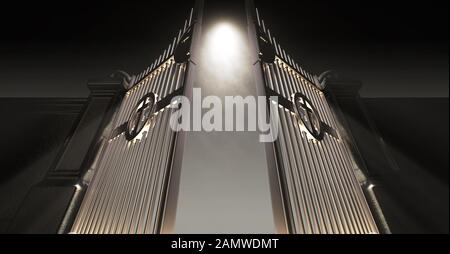 Le porte perlacee del cielo sono illuminate dall'alto da una luce eterea su uno sfondo scuro moody - 3D render Foto Stock