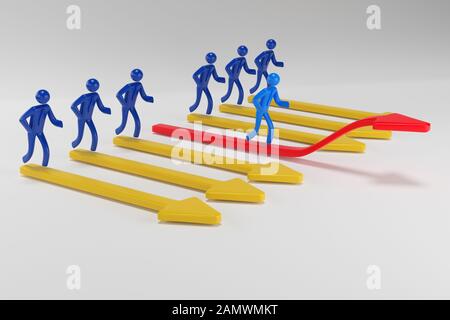 3d uomo, persona salendo sulla freccia rossa. 3d persone imprenditore sorge in base alla pianificazione. Il rendering 3D Foto Stock