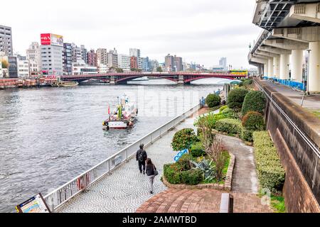 Tokyo, Giappone - 30 marzo 2019: Area del quartiere di Sumida Asakusa con persone che camminano al parco dei fiori di ciliegio nel centro cittadino lungo il fiume Foto Stock