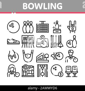 Bowling Gioco Strumenti Raccolta Icone Set Vettore Illustrazione Vettoriale