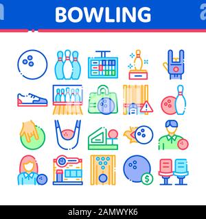 Bowling Gioco Strumenti Raccolta Icone Set Vettore Illustrazione Vettoriale